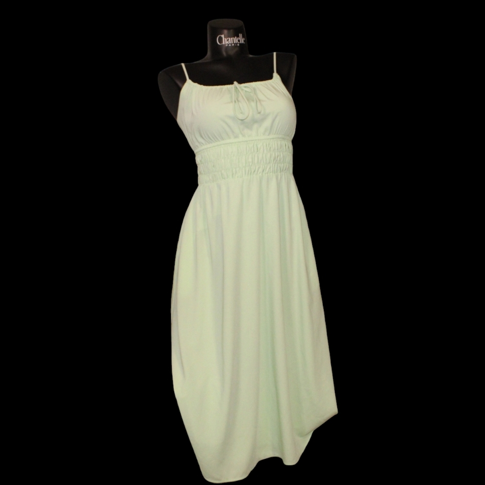 Adelyn Rae Dress Square Neck,  Tie Up Ruching, soft green  Midi. Cute!